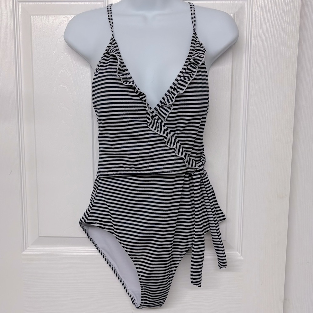Cupshe Blue White Striped Wrap Side Tie One Piece Tank Swimsuit Ruffle Top Sz M